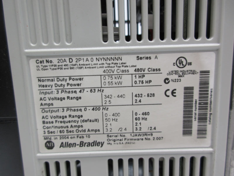 ALLEN BRADLEY 20AD2P1A0NYNNNNN SER. A F/W 2.007 342-440V 2.5A NSNP
