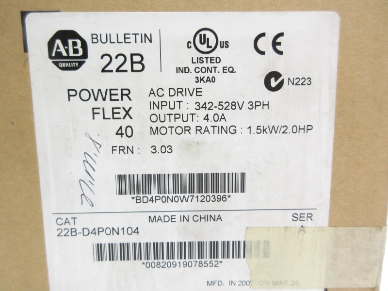 ALLEN BRADLEY 22B-D4P0N104 SER. A F/W 3.03 342-528V 4.0A NSMP