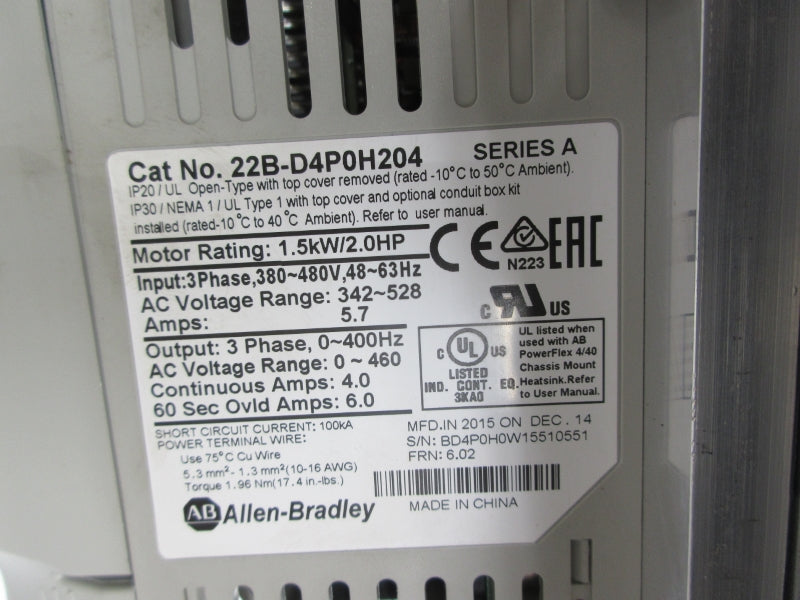ALLEN BRADLEY 22B-D4P0F104 SER. A F/W 6.02 380-480VAC 5.7A NSNP