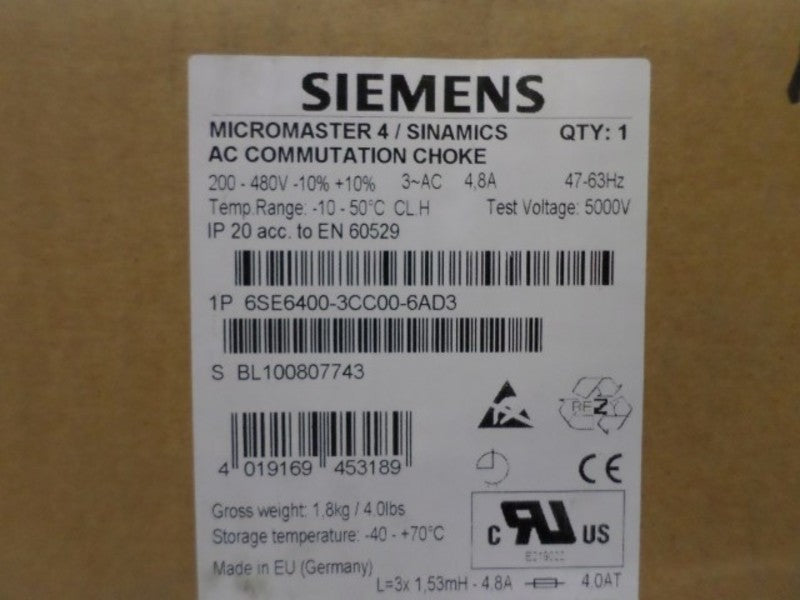 SIEMENS MICROMASTER 4 6SE6400-3CC00-6AD3 AC COMMUTATION CHOKE *NEW IN BOX*