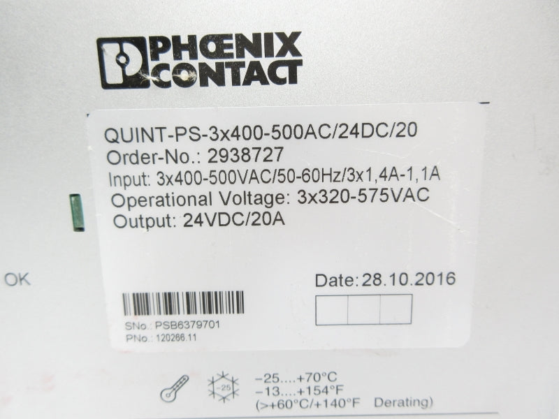 PHOENIX CONTACT QUINT-PS-3X400-500AC/24DC/20 2938727 400-500VAC 1.4-1.1A NSNP