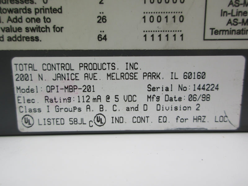 TOTAL CONTROL PRODUCTS QPI-MBP-201 NSNP