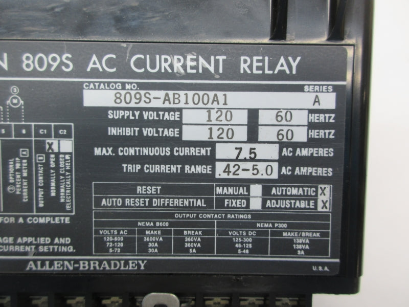ALLEN BRADLEY 809S-AB100A1 SER. A 120V 7.5A NSNP