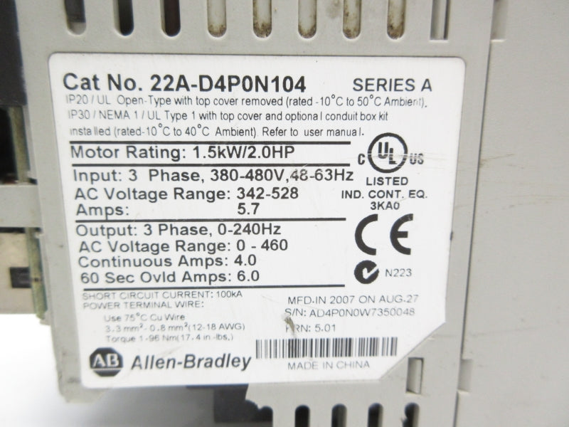 ALLEN BRADLEY 22A-D4P0N104 SER. A F/W 5.01 UNMP