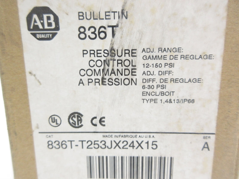 ALLEN BRADLEY 836T-T253JX24X15 SER. A 120-600VAC 60A 350PSI (BR/WH) NSMP