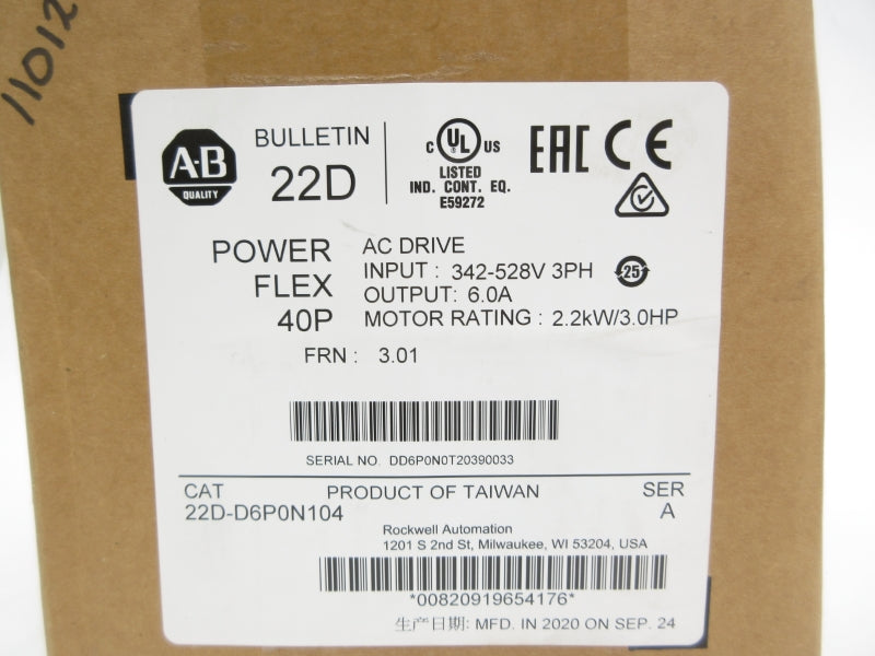 ALLEN BRADLEY 22D-D6P0N104 SER. A F/W 3.01 342-528V 6.0A NSMP