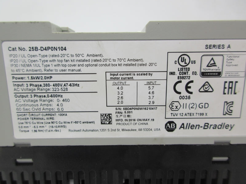 ALLEN BRADLEY 25B-D4P0N104 SER. A F/W 5.001 380-480VAC NSNP