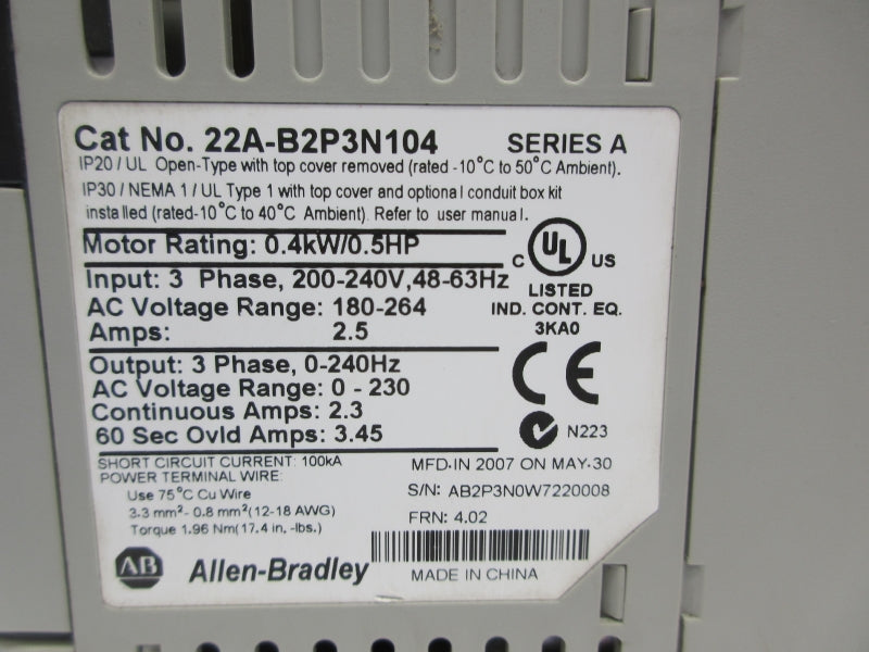 ALLEN BRADLEY 22A-B2P3N104 SER. A F/W 4.02 180-264V 2.5A NSNP