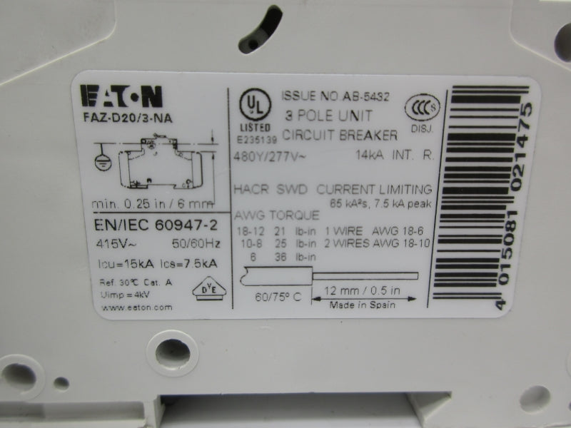 EATON FAZ-D20/3-NA 277V 20A NSNP