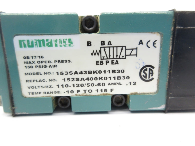 NUMATICS 153SA43BK011B30 110-120V .12A 150PSI -10-115'F NSNP