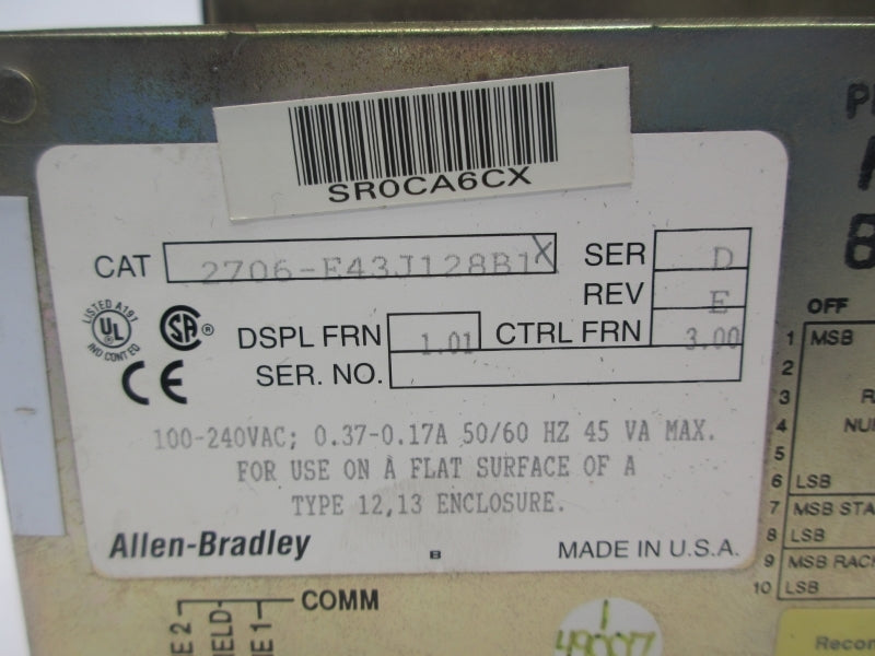 ALLEN BRADLEY 2706-E43J128B1 SER. D F/W 3.00 100-240VAC 0.37-0.17A NSNP