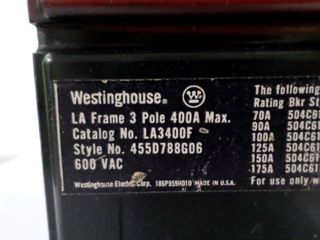 WESTINGHOUSE LA3400F CIRCUIT BREAKER 400A (AS PICTURED) *NEW NO BOX*