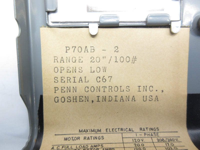 PENN CONTROLS P70AB-2 208/240V 20"/100" UNMP