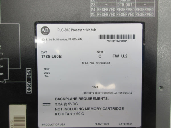 ALLEN BRADLEY 1785-L60B SER. C F/W U.2 (NO KEY) UNMP
