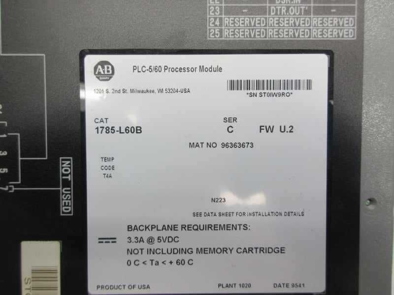 ALLEN BRADLEY 1785-L60B SER. C F/W U.2 (NO KEY) UNMP