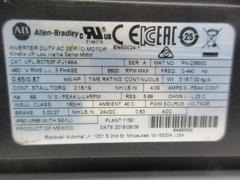 ALLEN BRADLEY VPL-B0753F-PJ14AA SER. A 480V 4.09A NSNP