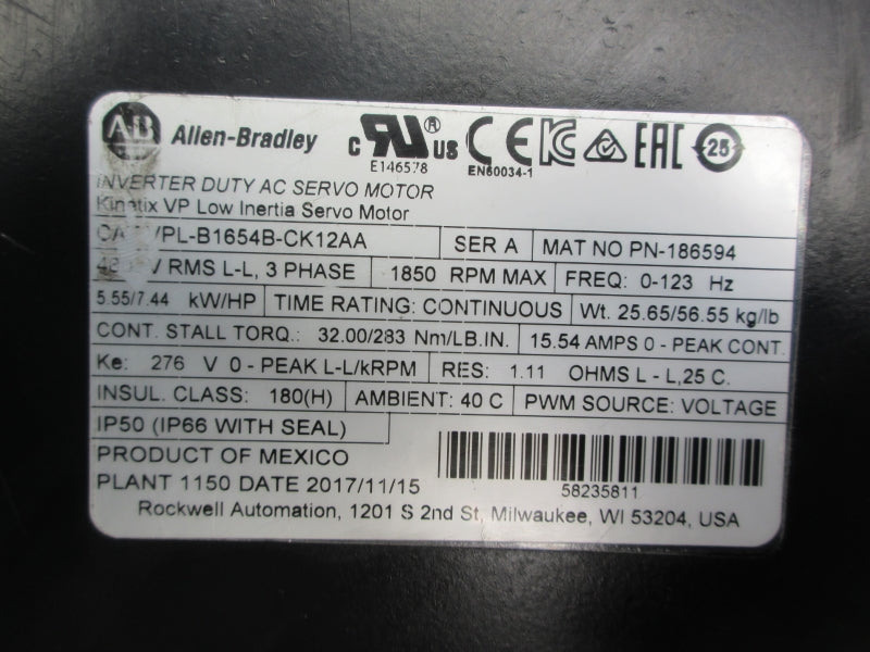 ALLEN BRADLEY VPL-B1654B-CK12AA SER. A 480V 15.54A NSNP