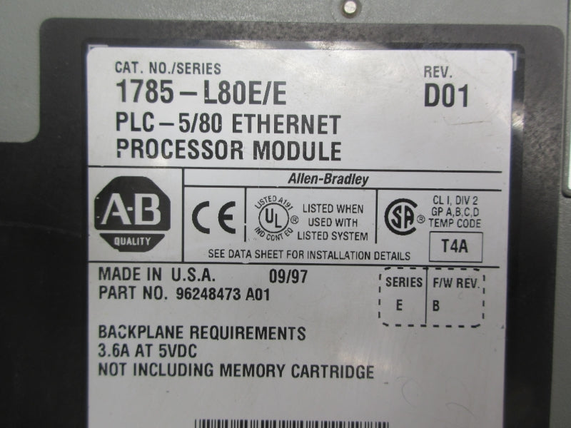 ALLEN BRADLEY 1785-L80E SER. E F/W B 5VDC 3.6A UNMP