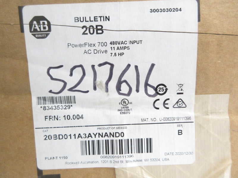 ALLEN BRADLEY 20BD011A3AYNAND0 SER. B F/W 10.004 480VAC 11A NSMP