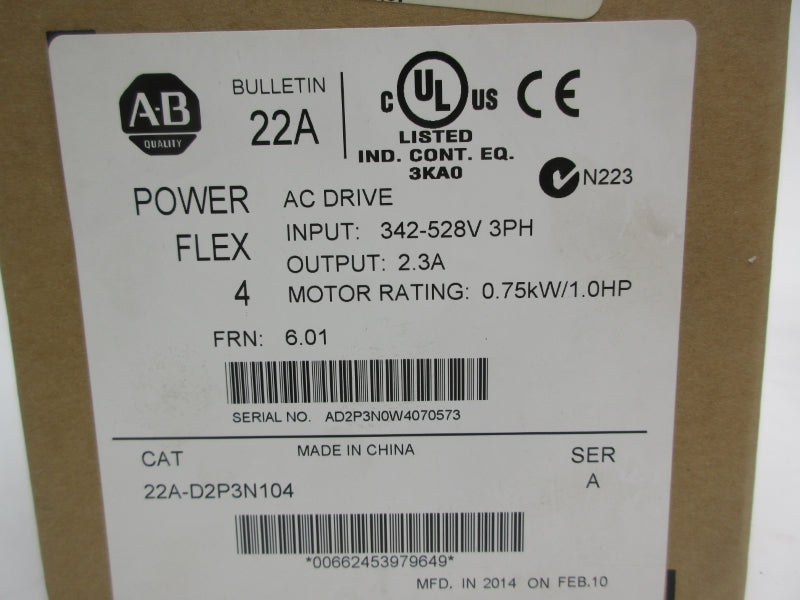 ALLEN BRADLEY 22A-D2P3N104 SER. A F/W 6.01 342-528V 2.3A F/W 6.01 NSMP
