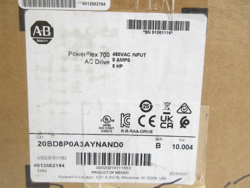 ALLEN BRADLEY 20BD8P0A3AYNAND0 SER. B F/W 10.004 480VAC 8A NSMP
