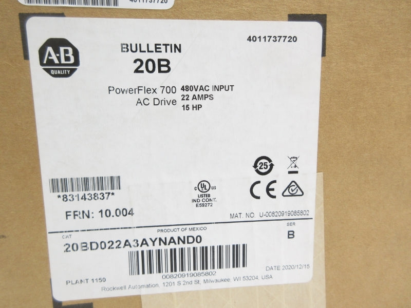 ALLEN BRADLEY 20BD022A3AYNAND0 SER. B F/W 10.004 480VAC 22A NSMP
