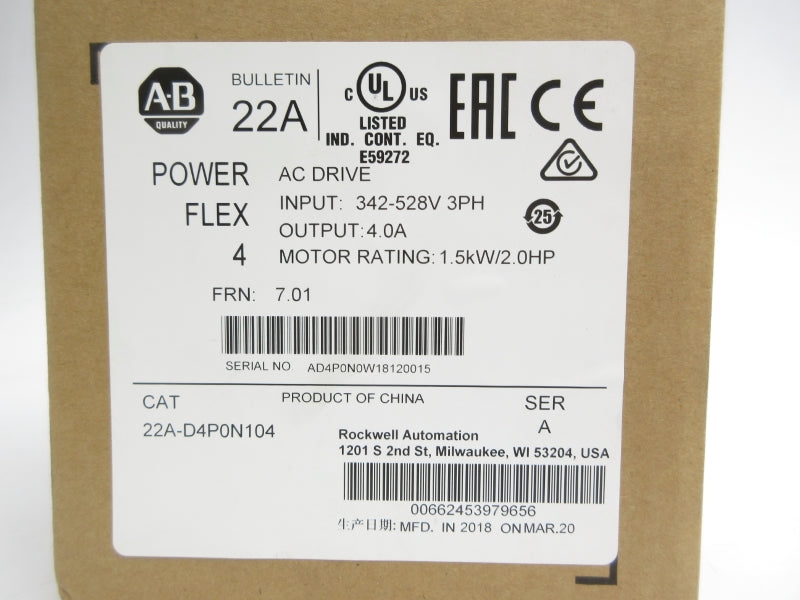 ALLEN BRADLEY 22A-D4P0N104 SER. A F/W 7.01 342-528V 5.7A NSMP