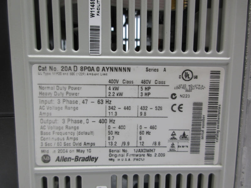 ALLEN BRADLEY 20AD8P0A0AYNNNNN SER. A F/W 2.009 342-440 11.3A NSNP