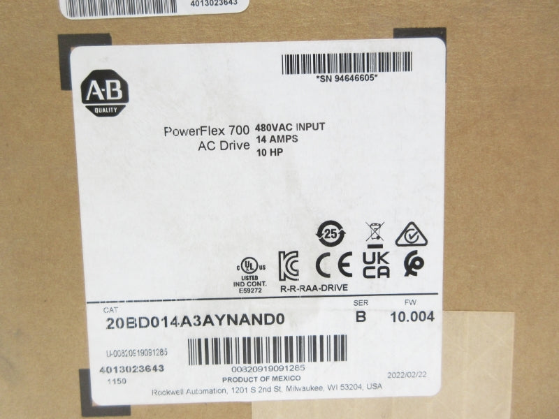 ALLEN BRADLEY 20BD014A3AYNAND0 SER. B F/W 10.004 480VAC 14A DATE: 2022 NSFS