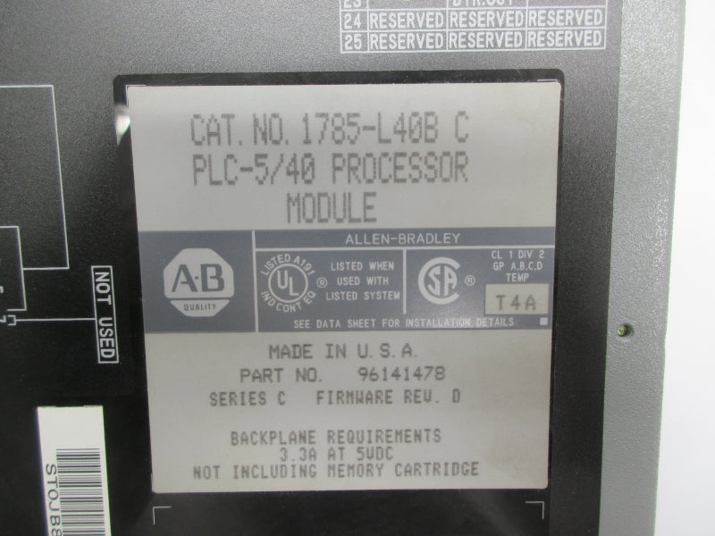 ALLEN BRADLEY 1785-L40B SER. C F/W D 5VDC 3.3A (NO KEY) UNMP