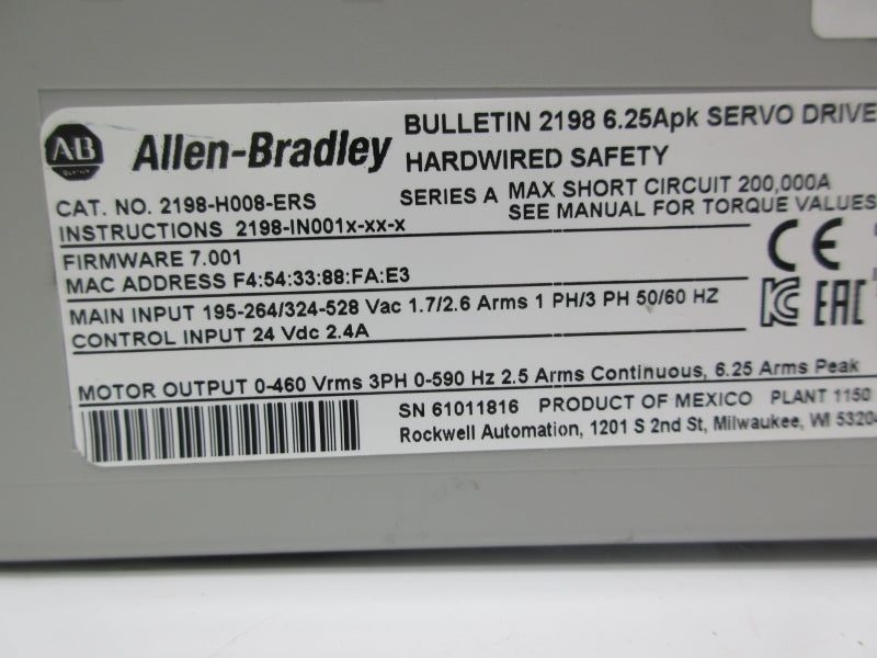ALLEN BRADLEY 2198-H008-ERS SER. A F/W 7.001 195-264/324-528VAC 2.4A NSNP