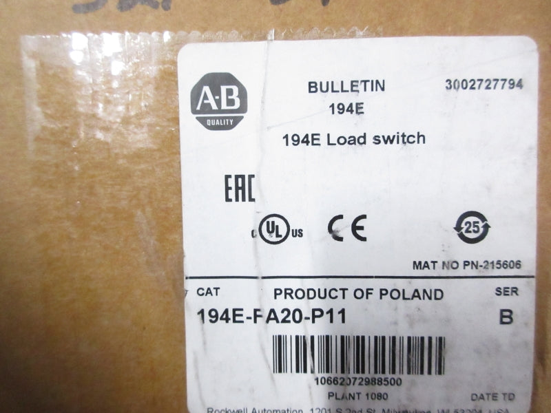 ALLEN BRADLEY 194E-FA20-P11 SER. B 600VAC 25A (BR/WH) NSMP