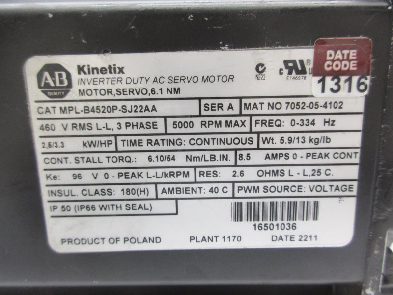 ALLEN BRADLEY MPL-B4520P-SJ22AA SER. A 460V 8.5A (AS PICTURED) NSNP