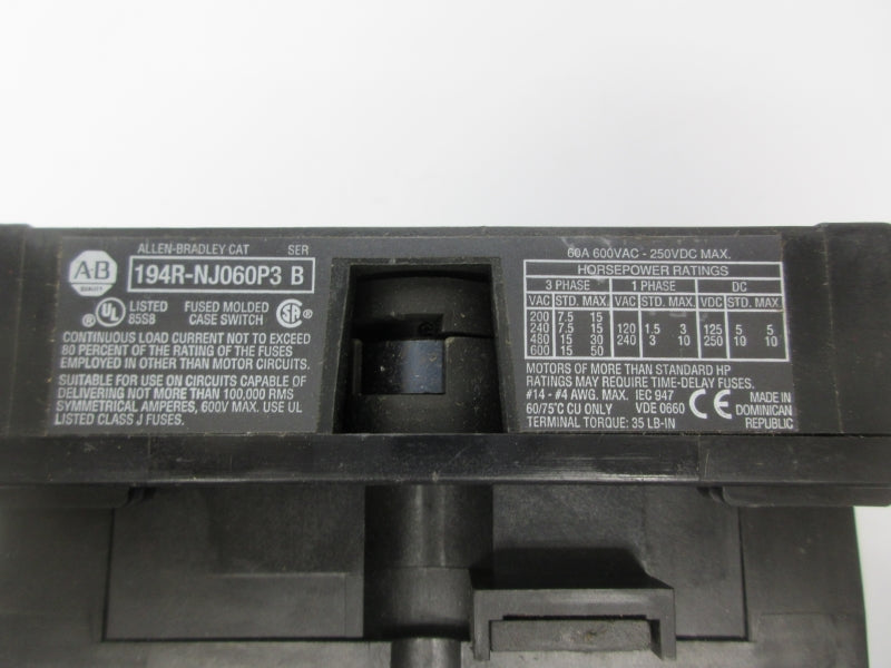 ALLEN BRADLEY 194R-NJ060P3 SER. B 600VAC 60A (AS PICTURED) NSNP