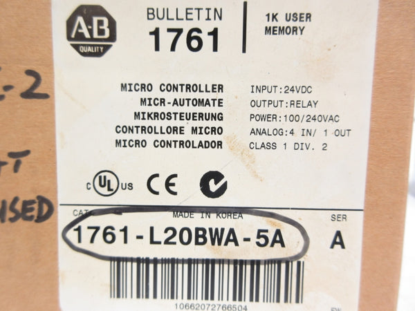 ALLEN BRADLEY 1761-L20BWA-5A SER. A F/W 1.0 24VDC NSMP