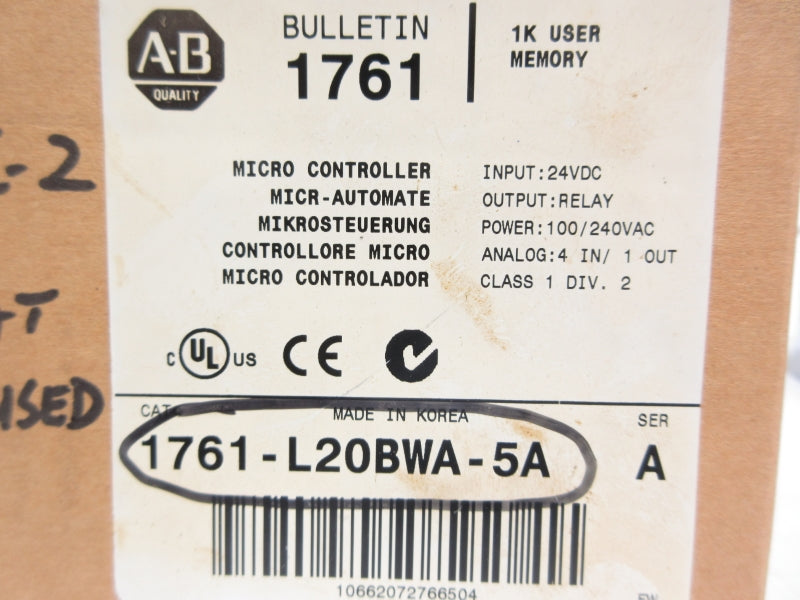 ALLEN BRADLEY 1761-L20BWA-5A SER. A F/W 1.0 24VDC NSMP
