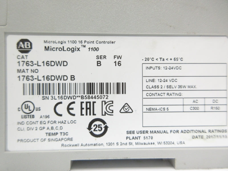 ALLEN BRADLEY 1763-L16DWD SER. B F/W 16 12-24VDC UNMP