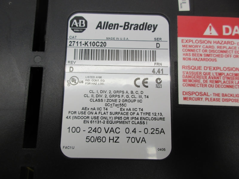 ALLEN BRADLEY 2711-K10C20 SER. D F/W 4.41 100-240VAC 0.4-0.25A NSNP