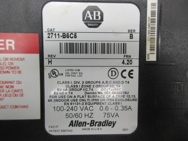 ALLEN BRADLEY 2711-B6C5 SER. B F/W 4.20 100-240VAC 0.6-0.35A UNMP