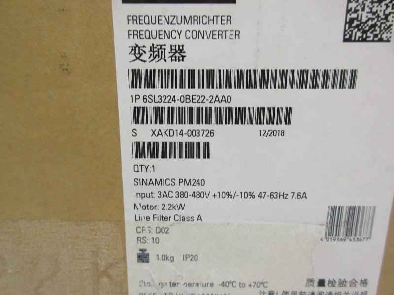 SIEMENS 6SL3224-0BE22-2AA0 380-480V 7.6A NSMP
