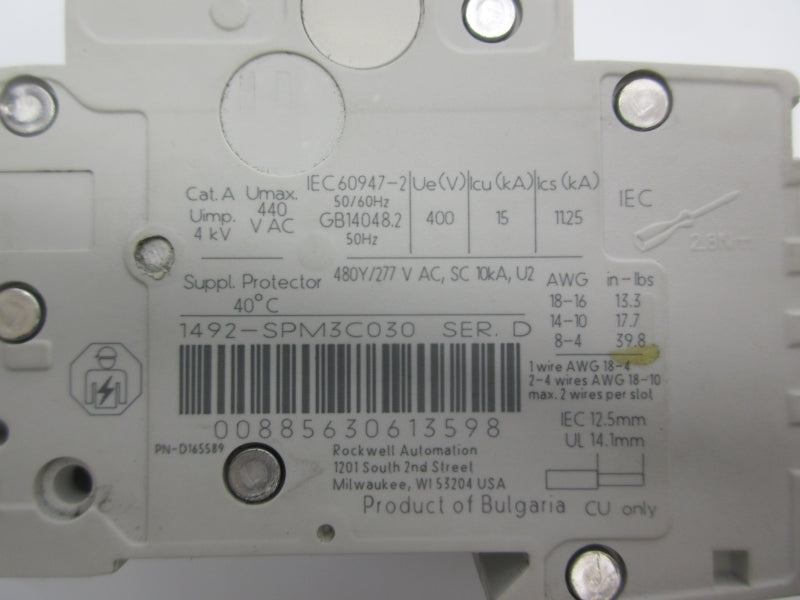ALLEN BRADLEY 1492-SPM3C030 SER. D 277VAC 3A NSNP