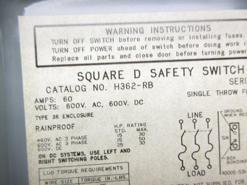 SQUARE D H362-RB 600VAC/DC 60A UNMP