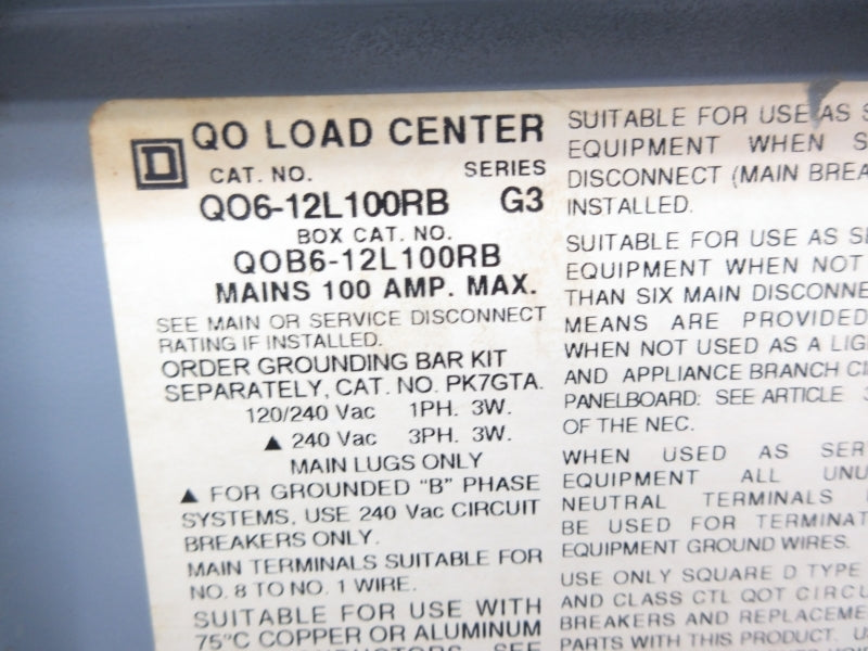 SQUARE D QO612L100RB SER. G3 120/240VAC 100A UNMP