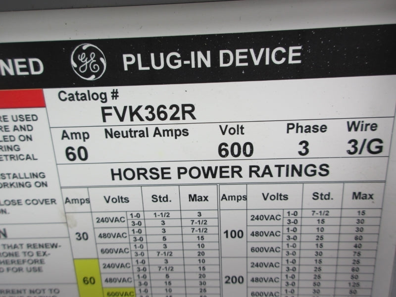 GENERAL ELECTRIC FVK362R 600V 60A UNMP
