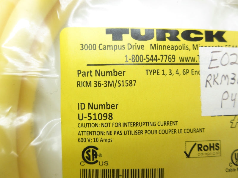 TURCK RKM36-3M/S1587 U-51098 600V 10A NSMP