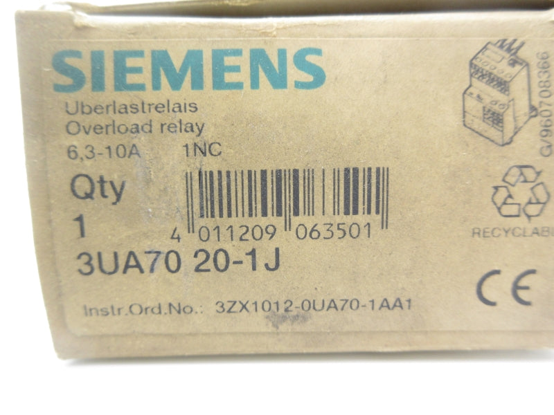 SIEMENS 3UA7020-1J 600VAC 6.3-10A NSMP