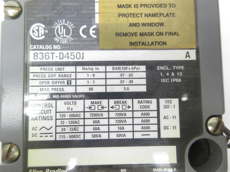 ALLEN BRADLEY 836T-D450J SER. A 120-600VAC 60A 80PSI NSNP