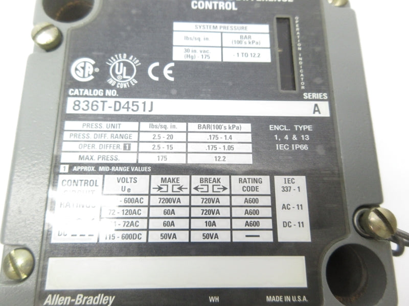ALLEN BRADLEY 836T-D451J SER. A 120-600VAC 60A 175PSI NSNP