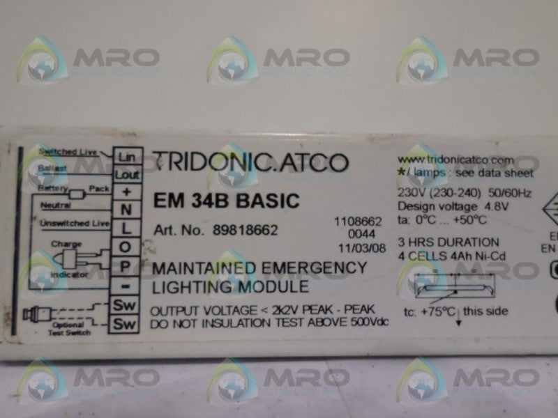 TRIDONIC EM34BBASIC 89818662 EMERGENCY LIGHTING INVENTOR MODULE *USED*