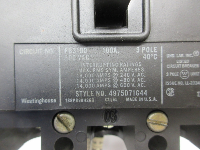 WESTINGHOUSE FB3100 600VAC 100A UNMP